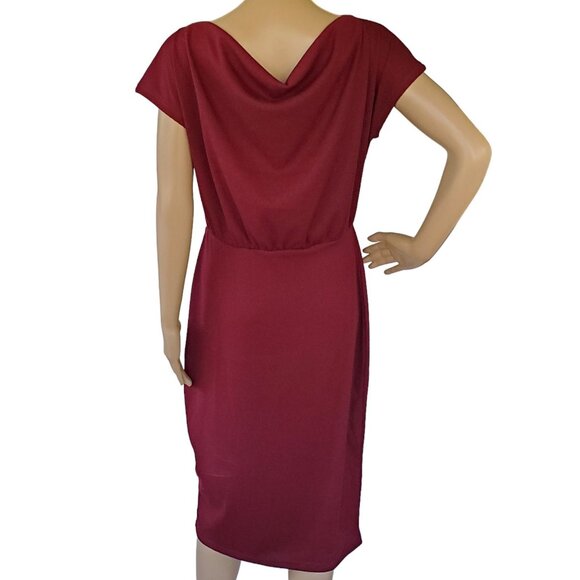 Women's L Midi Dress Sleeveless Cowl Neck Knit Stretch Maroon Red Elastic Waist - Picture 6 of 13